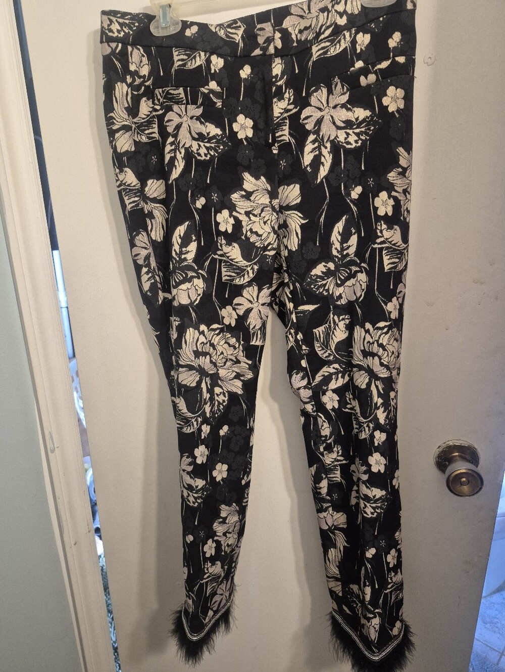 Cambio Black Floral Cropped Ankle Pants with Genuine Ostrich Feathers